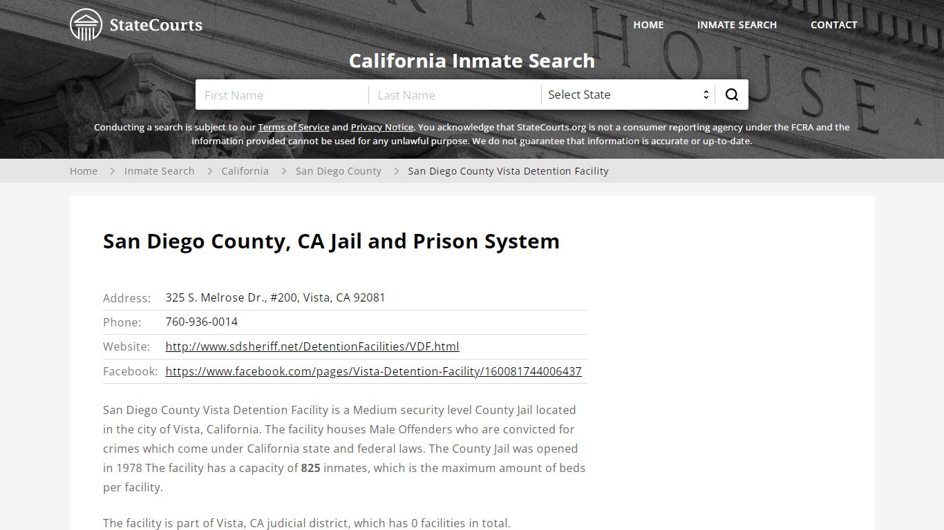 San Diego County Vista Detention Facility Inmate Records ...